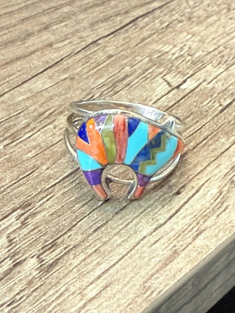 Southwest Inlay Multicolor Bear Sterling Silver Ring